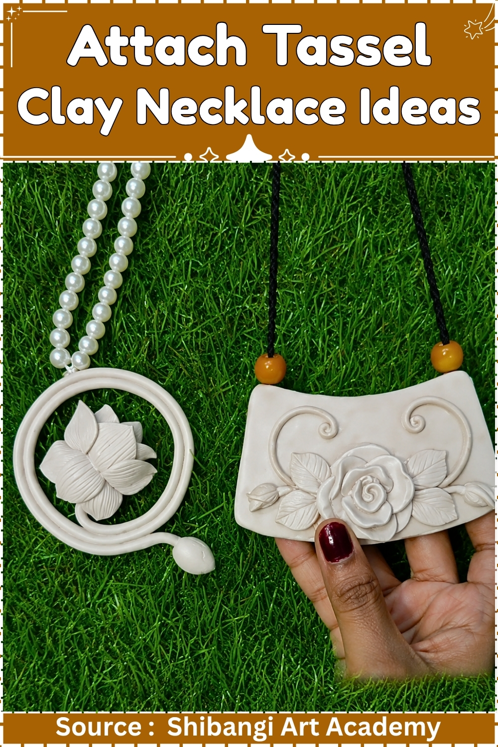 Two white clay necklace pendants displayed on grass, one circular with a sculpted lotus and one rectangular with a rose relief, on pearl and cord chains.