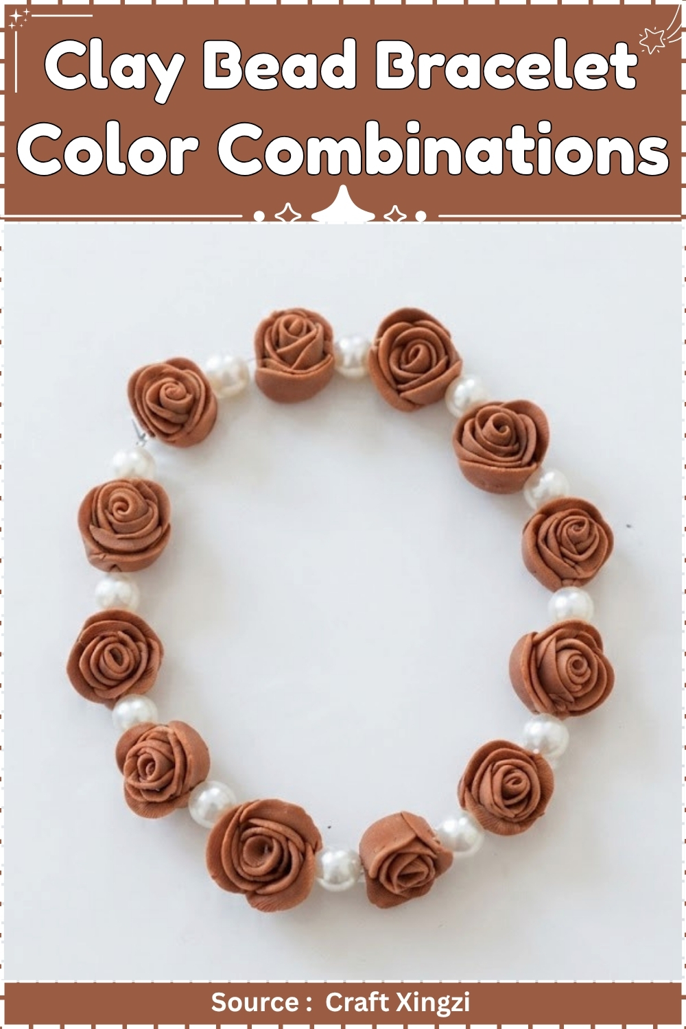 A finished clay bead bracelet featuring terracotta brown rose beads alternating with white pearl beads, laid flat on a white surface.