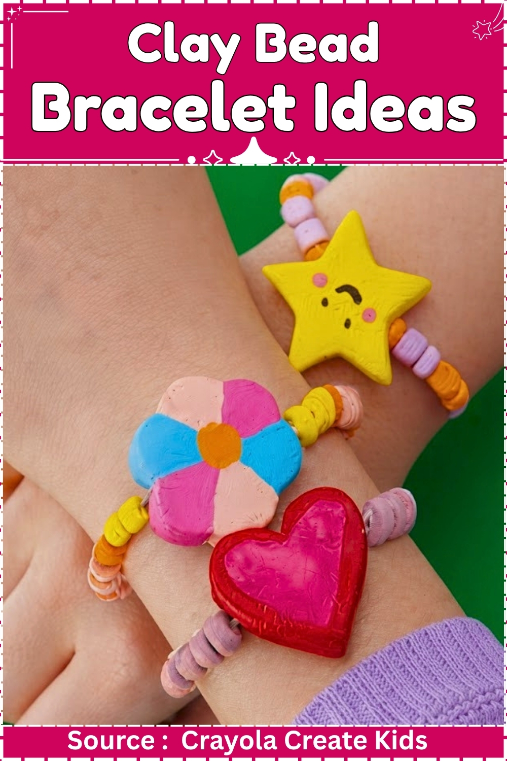 Three clay bead bracelets worn on two wrists, each featuring a large handmade clay focal bead in the shape of a smiley star, a multicolored flower, and a red heart, with small disc beads in orange, pink, and yellow strung between them.