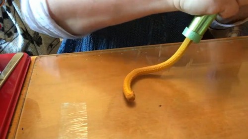 Hands using a green clay extruder to push a coiled orange clay snake onto a wooden board.