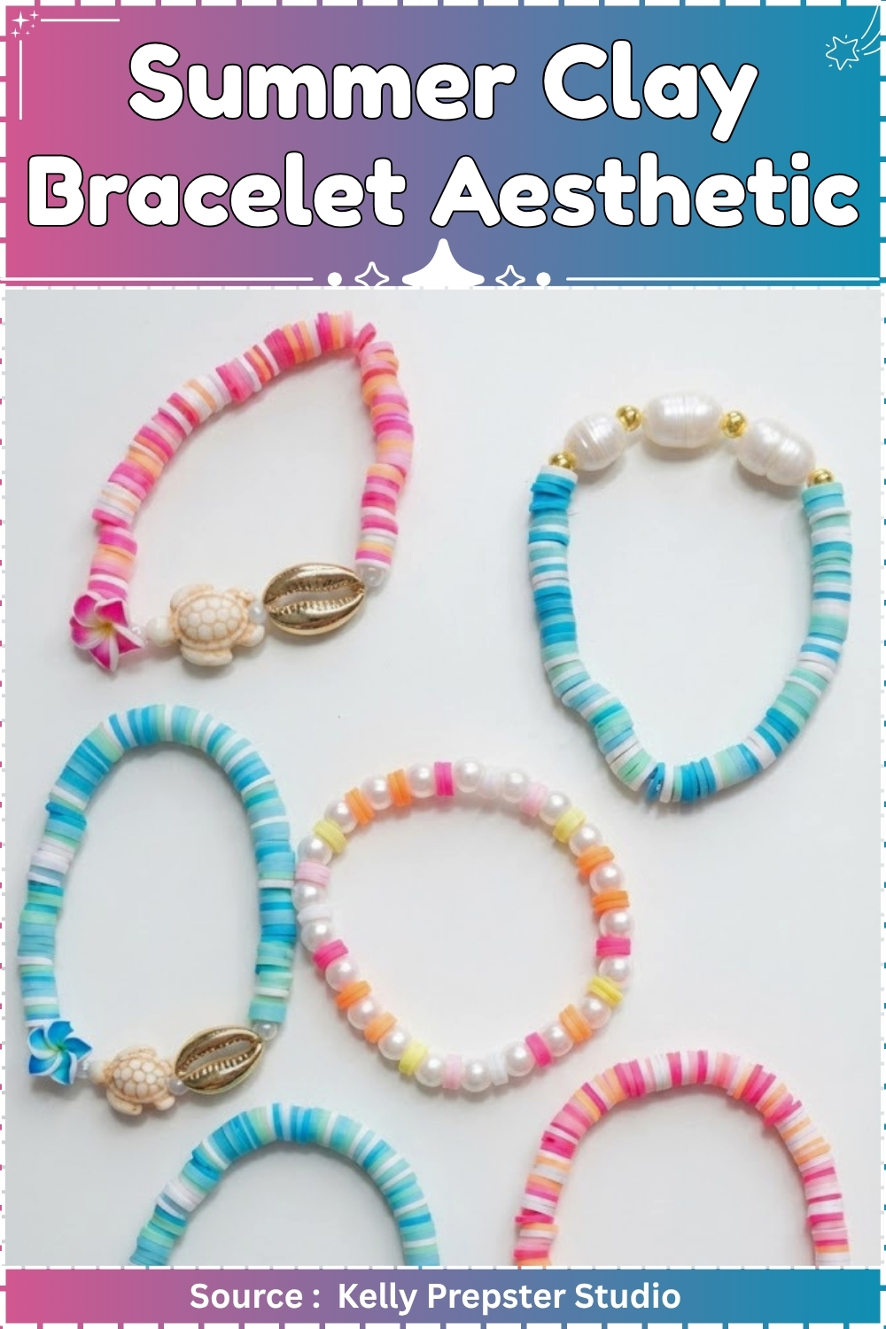 Six aesthetic clay bead bracelets laid out on a white surface with turtle charms, gold cowrie shells and pearl accents