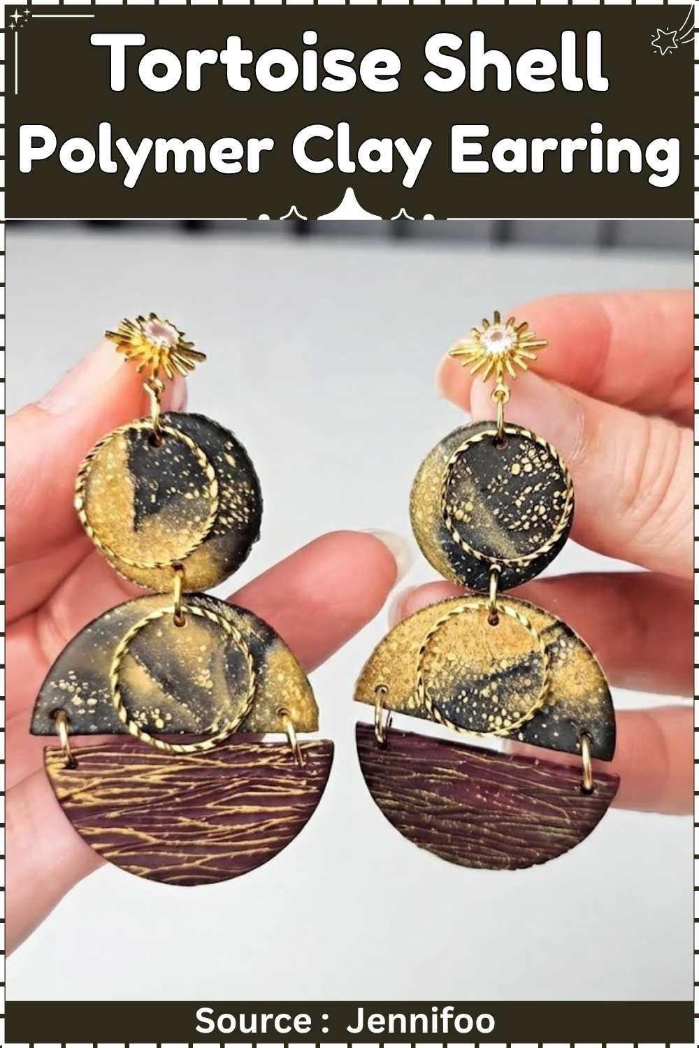 Hands holding two large tortoise shell polymer clay earrings with stacked circle and half circle shapes in black, gold, and dark plum with sun stud tops