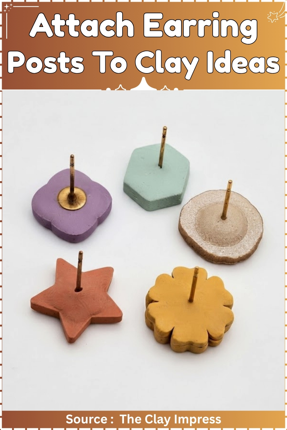 Five baked clay earring studs in different shapes including flower, hexagon, circle, star, and daisy, each with a gold earring post pressed into the back, shown face down on a white surface.